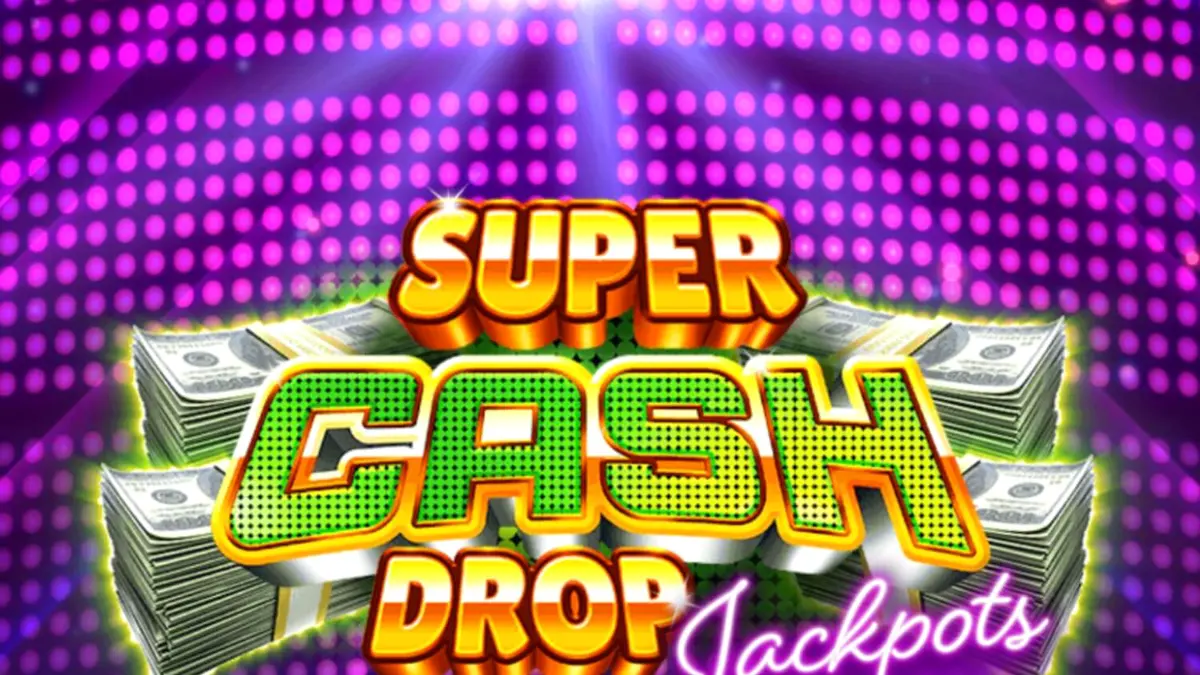 Tampilan visual neon dari slot Super Cash Drop Jackpots dengan simbol brankas dan uang