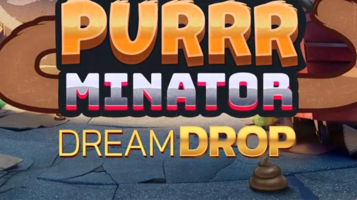 Karakter kucing robot dalam slot Purrrminator Dream Drop dengan latar belakang kota neon distopia.