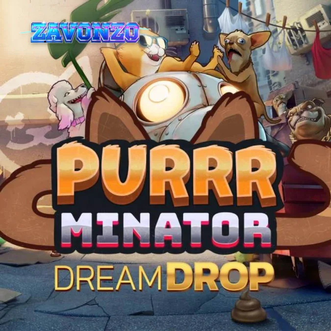 Tampilan visual slot Purrrminator Dream Drop dengan tema kucing robotik di lingkungan kota futuristik.